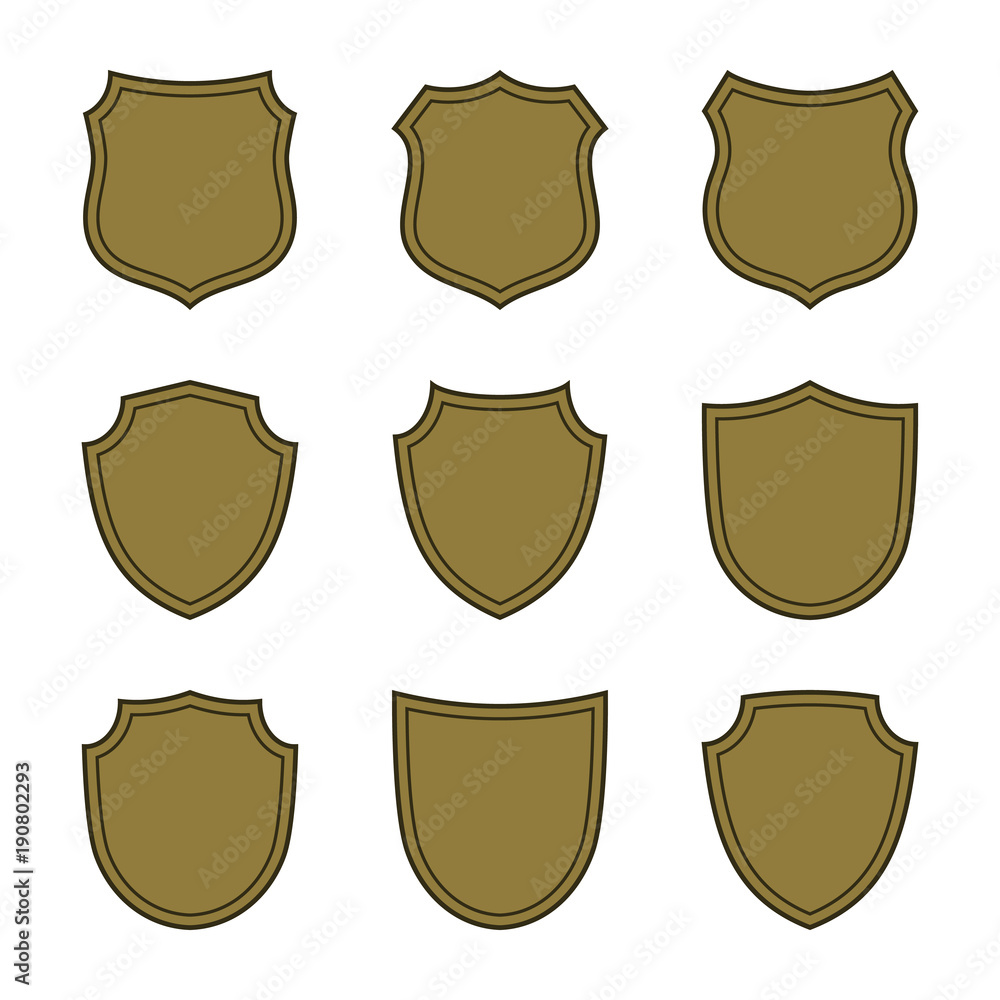 Shield shape bronze icons set. Simple flat logo on white background. Symbol of security, protection, safety. Element badge for protect design emblem decoration.. Vector illustration Shield shape bronze icons set. Simple flat logo on white background. Symbol of security, protection, safety. Element badge for protect design emblem decoration.. Vector illustration