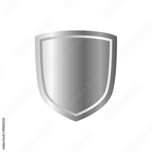 Silver shield shape icon. 3D gray emblem sign isolated on white background. Symbol of security, power, protection. Badge shape shield graphic design. Vector illustration