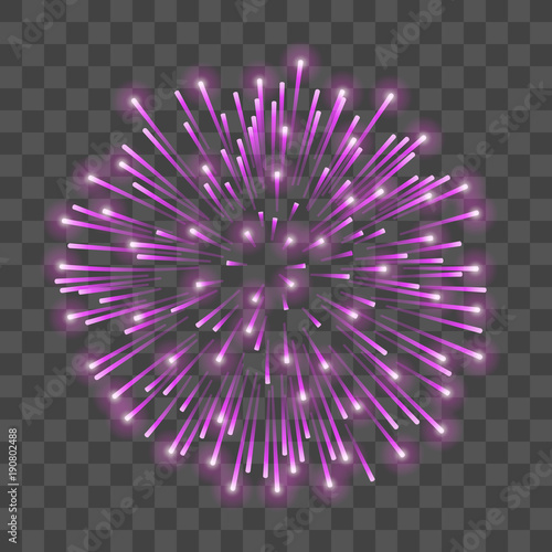 Beautiful pink firework. Bright salute isolated transparent background. Light decoration firework for Christmas, New Year celebration, holiday, festival, birthday card. Vector illustration