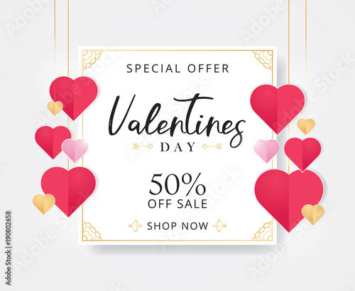 Valentines day sale background with heart shaped. Flyer template with decorative hearts. Banner or Flyer design of Sale with 50% discount offer. Vector flyer template