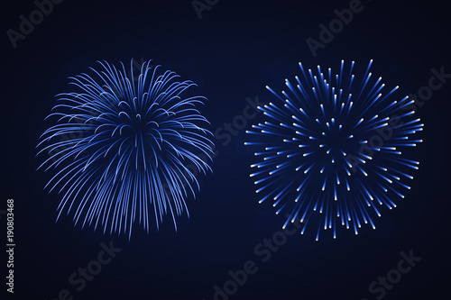 Beautiful blue fireworks set. Bright fireworks isolated black background. Light blue decoration fireworks for Christmas, New Year celebration, holiday festival, birthday card. Vector illustration