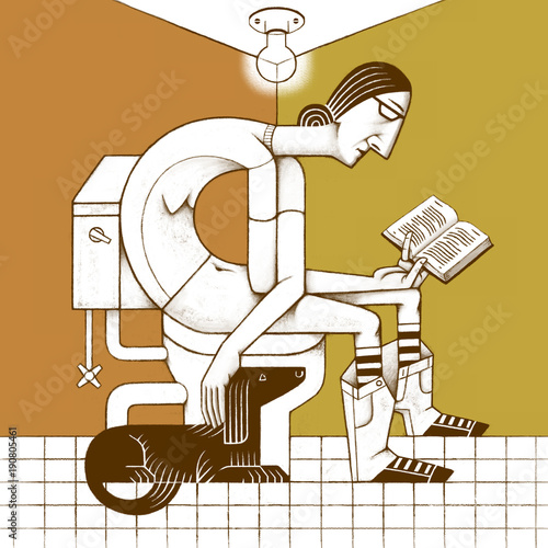 Woman with Dog Reading on the Toilet