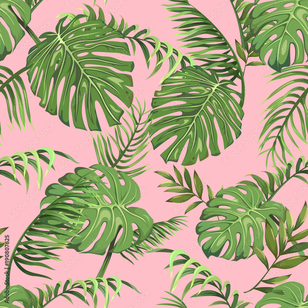 Seamless pattern with leaves of palm trees on a pink background Seamless pattern with leaves of palm trees on a pink background