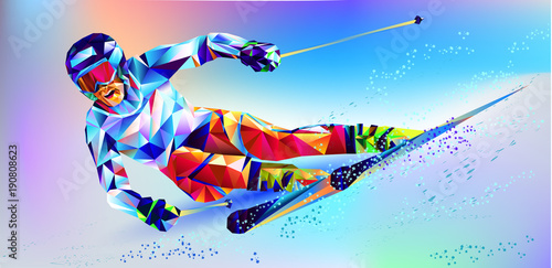 The polygonal colorful figure of a young man snowboarding with on a white and blue background. Vector illustration blue background in a geometric triangle of XXIII style Winter games