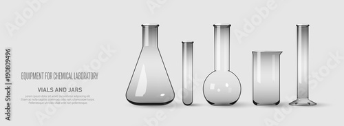 A set of flasks and test tubes. Equipment for chemical laboratory. Transparent glass test tubes Vector illustration
