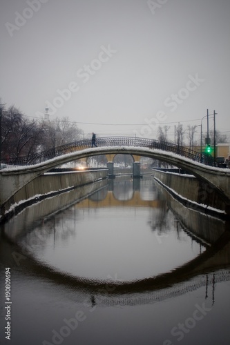 Moscow evening. Customs bridge over the river Yauza.