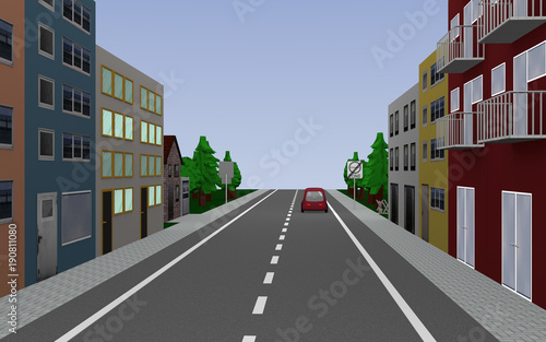Straße mit Reihenhäusern, Auto und Straßenschild Ende Umweltzone. 3d render