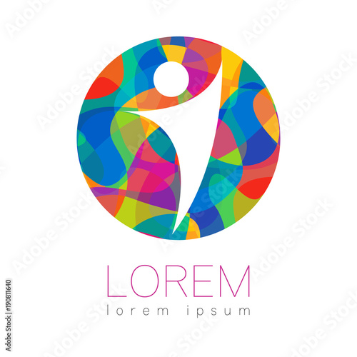 Modern vector Human silhouette in circle logotype isolated on white background. Rainbow bright colors. Man happy inside. Health symbol. Concept design for web, clinic, school, education. Creative