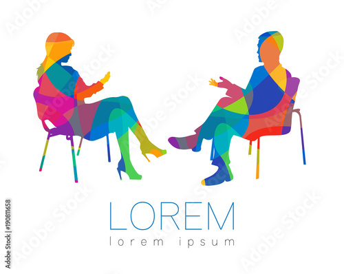 The people talk. Counselling or Psychotherapy session. Man woman talking while sitting. Silhouette profile. Modern symbol logo. Design concept sign. Rainbow bright and colorful.