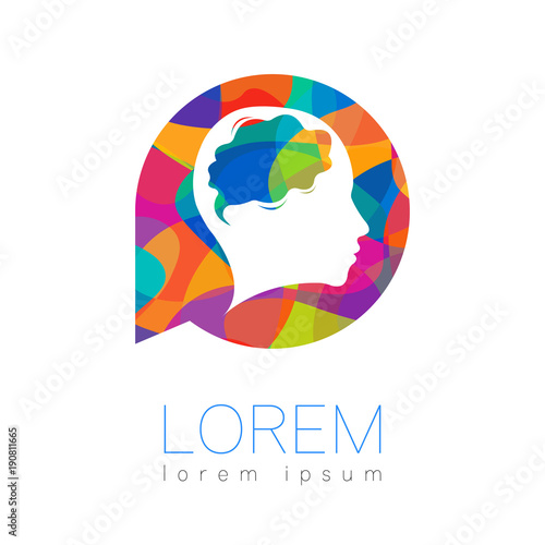 Modern vector Human silhouette head inside circle with brain. logotype isolated on white background. Rainbow bright colors. Health symbol. Concept design for web, clinic, school, education. Creative
