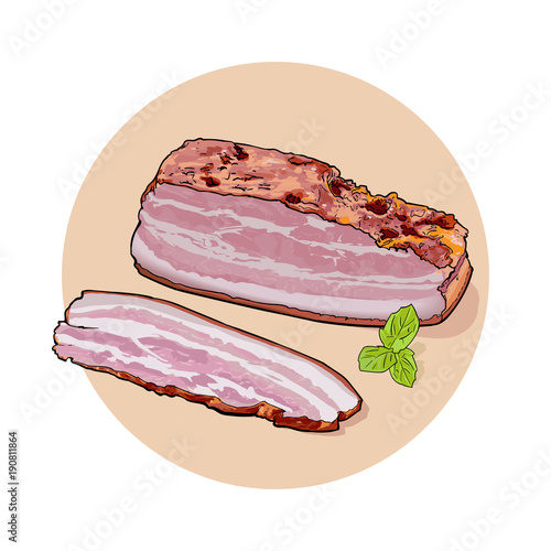 A large piece of bacon and sliced piece with green leaves.