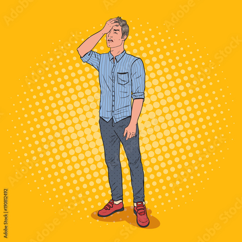 Pop Art Stressed Man Covering his Face with Hand. Negative Emotion Facial Expression. Vector illustration