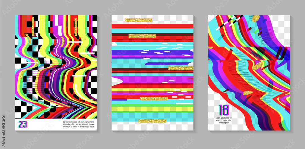 Glitch Futuristic Posters, Covers Set. Hipster Design Compositions for Brochures, Flyers, Placards. Trendy Template. Vector illustration Glitch Futuristic Posters, Covers Set. Hipster Design Compositions for Brochures, Flyers, Placards. Trendy Template. Vector illustration