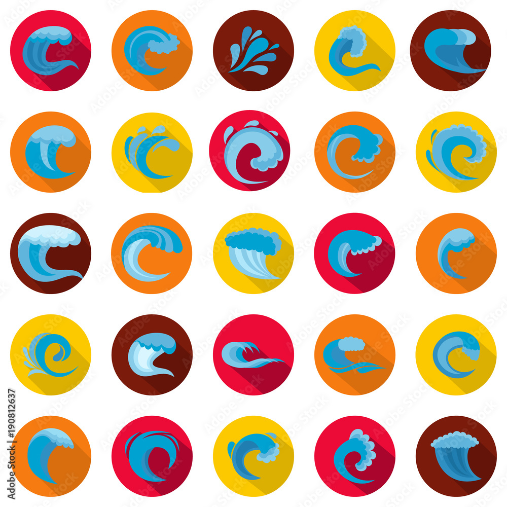 Water wave icons set. Flat illustration of 25 water wave vector icons circle isolated on white Water wave icons set. Flat illustration of 25 water wave vector icons circle isolated on white