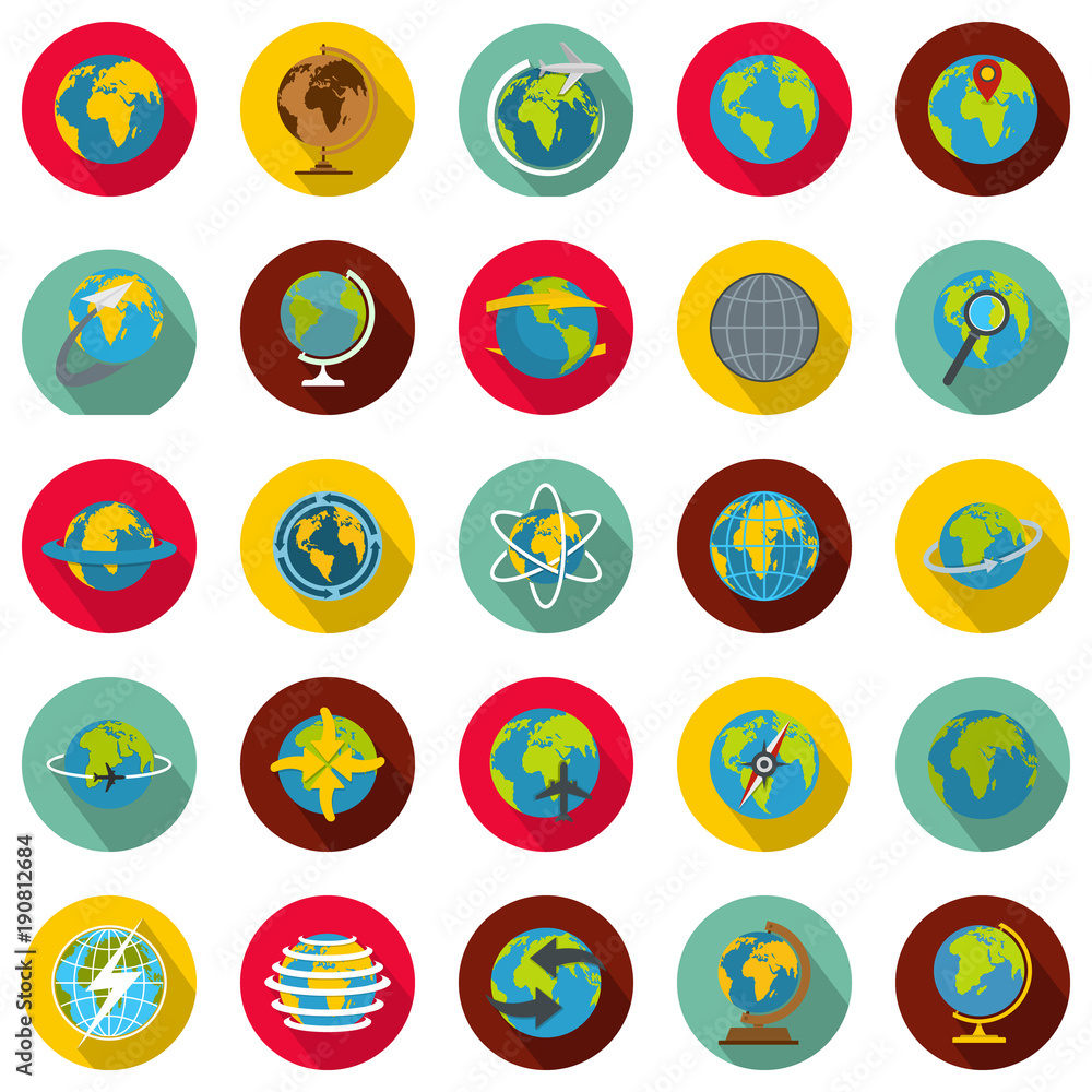 Globe Earth icons set. Flat illustration of 25 Globe Earth vector icons circle isolated on white Globe Earth icons set. Flat illustration of 25 Globe Earth vector icons circle isolated on white