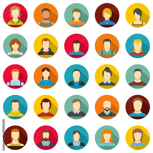 Avatar user icon set. Flat illustration of 25 avatar user vector icons circle isolated on white