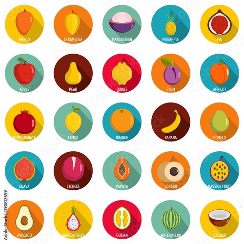Fruits icons set. Flat illustration of 25 fruits vector icons circle isolated on white