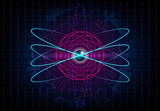 HUD  atom futuristic background with electrons, metallic core and numbers. Vector.