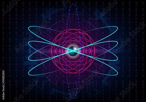 HUD  atom futuristic background with electrons, metallic core and numbers. Vector.
