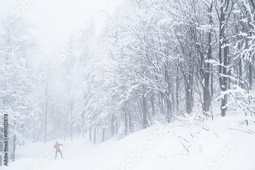 skier in snowy landscape, white winter forest all around, christmas time, sport photo, edit space © kovop58