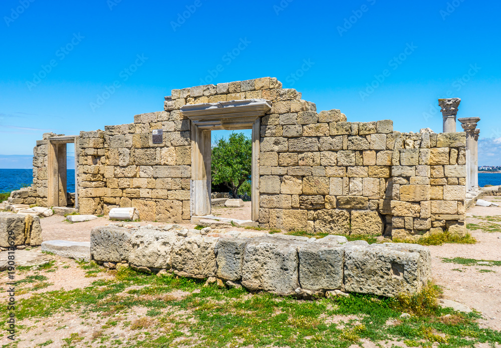 Ruins of an ancient basilica in the ancient city of Chersonese on the Black Sea coast in Sevastopol in the Crimea in Russia