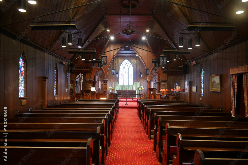 Interior wide shot of a funeral chapel