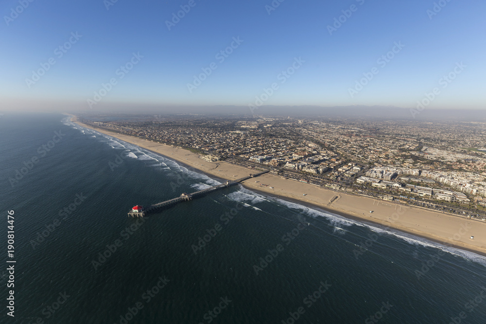 Aerial view of Huntington Beach Pier in Orange County on the California Pacific Ocean coast.