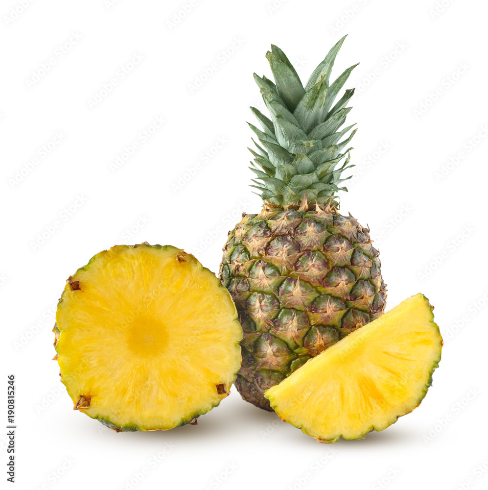 Whole, cut half and slice of pineapple isolated on a white background