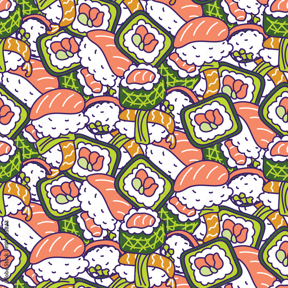 Japan food traditional vector seamless pattern. Sushi rolls background.