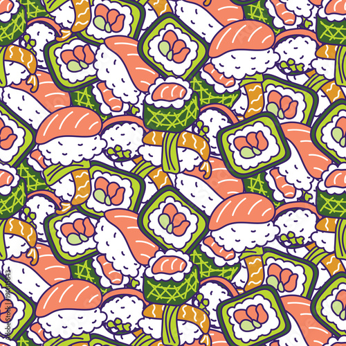 Japan food traditional vector seamless pattern. Sushi rolls background. © YoPixArt