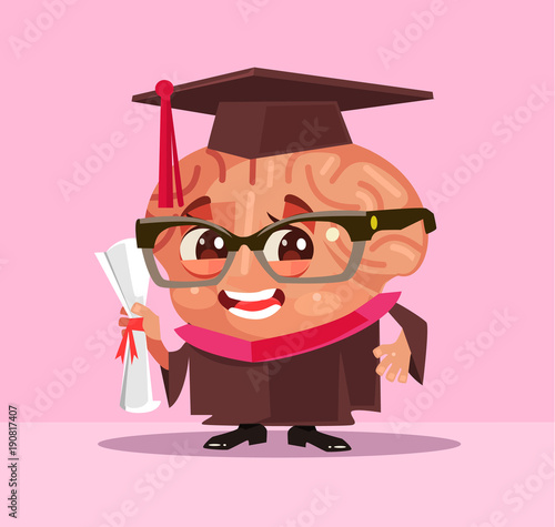 Smart brain graduate student character. Vector flat cartoon illustration