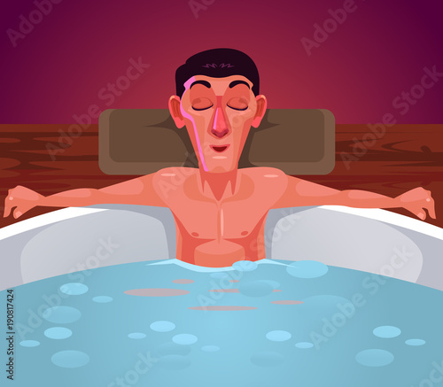 Happy man character relax in sauna. Vector flat cartoon illustration