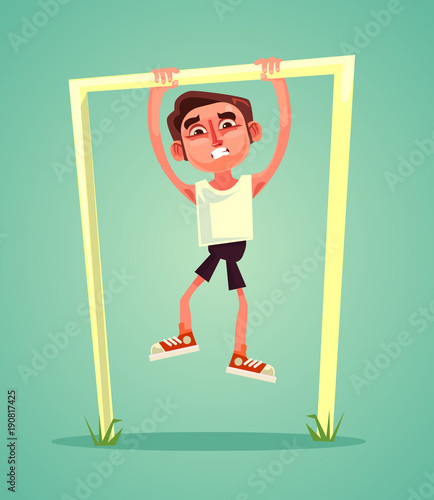 Weak thin boy character pulls up. Vector flat cartoon illustration