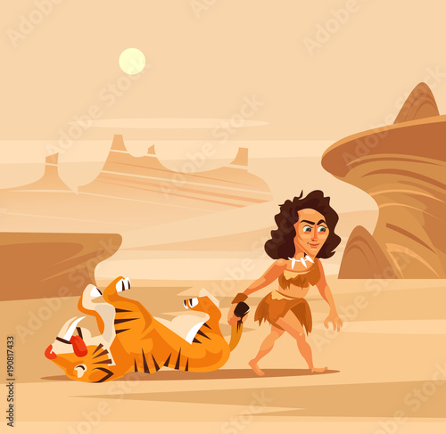 Ancient woman character hunter dragging prey. Vector flat cartoon illustration