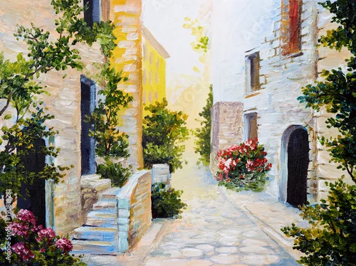Obraz obraz olejny - włoska ulica, kolorowa akwarela
