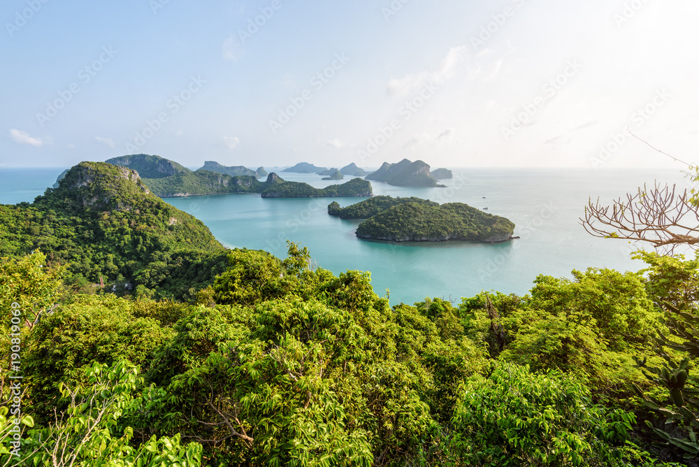 High angle view beautiful nature landscape of island and sea in the morning sky from Ko Wua Ta Lap viewpoint in Mu Ko Ang Thong National Marine Park, Surat Thani, Thailand