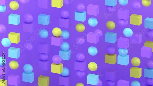 3d cubes and spheres background. Abstract wallpaper. Flying geometric shapes. Trendy modern illustration. 3d rendering. Falling squares and balls. Colorful poster backdrop. Minimal style.