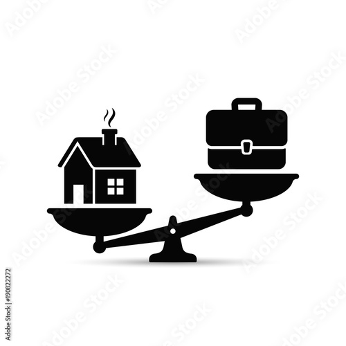 Home and business scales icon. Weight between work, money and your family. Career and family on the scales. Balance your life business concept. Vector