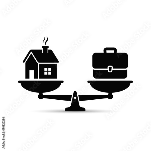 Home and business scales icon. Weight between work, money and your family. Career and family on the scales. Balance your life business concept. Family or money. Vector