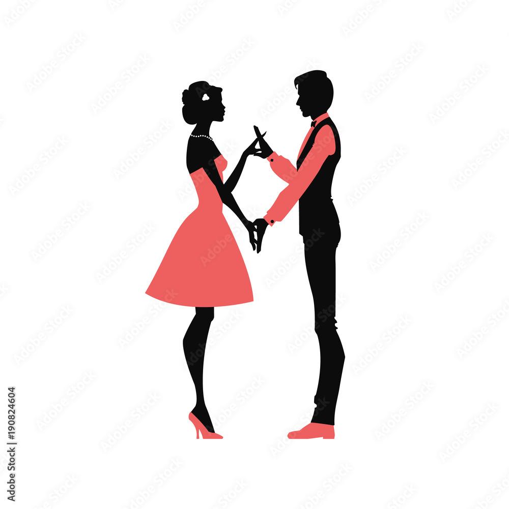 Romantic silhouette of loving couple. Valentines Day. Happy Lovers. Vector illustration