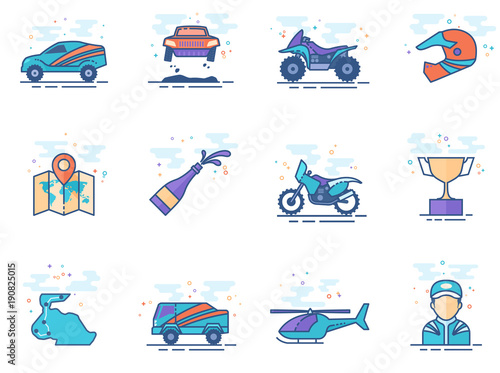 Rally related icons in flat color style. Vector illustration.