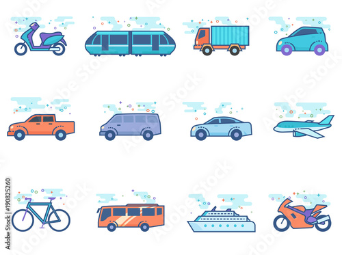 Transportation icon series in flat color style. Vector illustration.