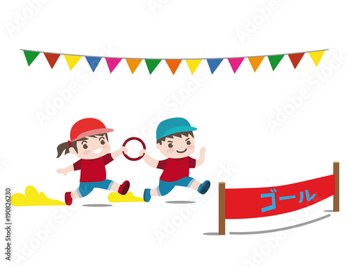 運動会女の子と男の子リレーベクターイラスト