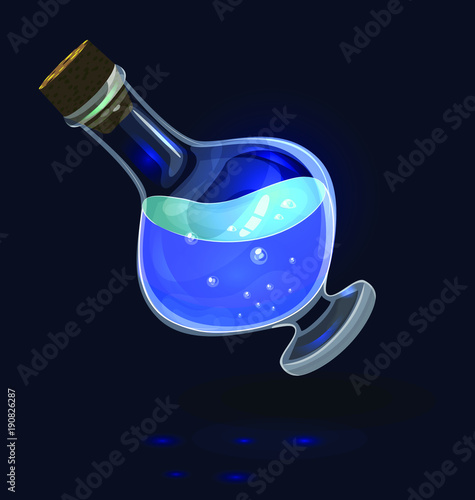 Isolated magic bottle icon for app user interfase; bright lightning blue magic poison; aqua potion with bubbles for fantasy game; little bubble apothecary phial