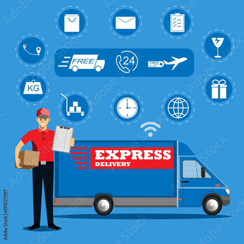 Delivery man delivering parcel box with icons, express delivery service concept, cartoon flat-style vector illustration.