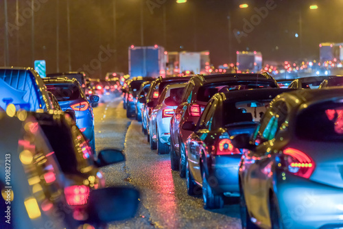 Night view busy UK Motorway traffic jam at night