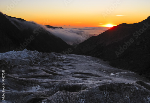 The Fox Glacier at sunset, on the south island of New Zealand.