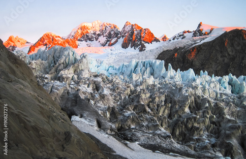 The upper section of the Fox Glacier at sunset. South island of New Zealand.