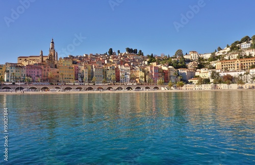 Landscape view of the colorful French Riviera city of Menton in the Alpes Maritimes seen from the Mediterranean Sea