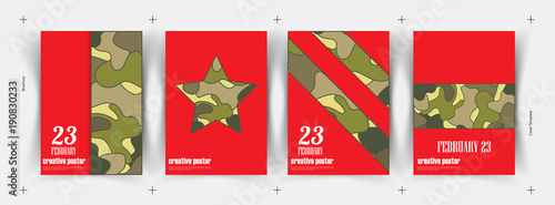 Day of the defender of Fatherland. Text February 23. The day of Soviet and Russian Armies. Set of patriotic greeting card, invitation, poster design templates.